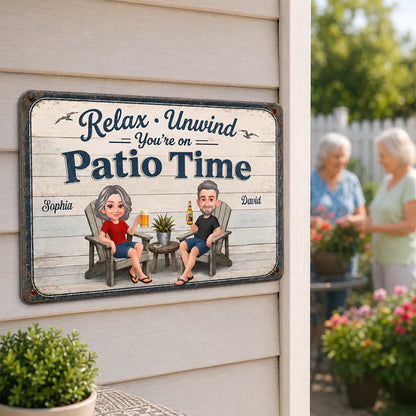 Personalized Metal Sign with Seated Patio Couple, Relax Unwind Decor, Unique Gift for Couples