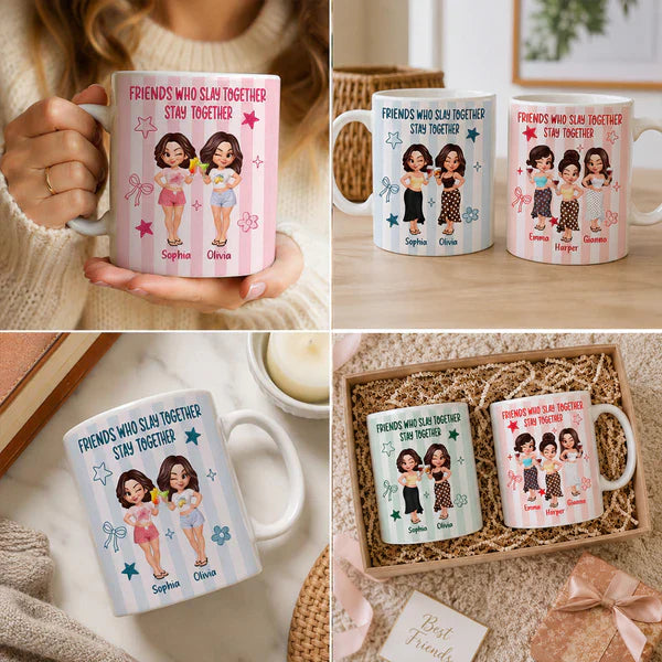 Personalized White Ceramic Mug, Pastel Cartoon Best Friends Holding Drinks, Unique Creative Gift