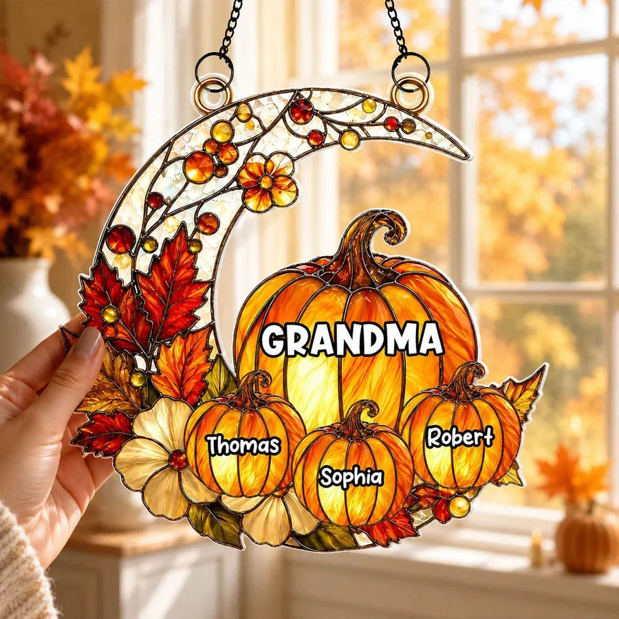 Grandma Pumpkin Acrylic Suncatcher Ornament, Personalized Autumn Keepsake, Creative Gift for a Sunlit Window