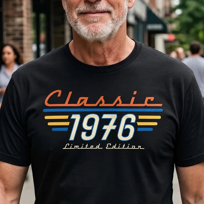 Personalized Retro Classic Tee, Man Wearing Bold 70s Typography in an Urban Setting, Unique Gift for Him