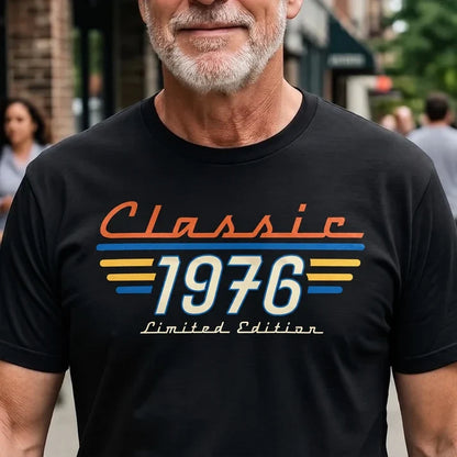 Personalized Retro Classic Tee, Man Wearing Bold 70s Typography in an Urban Setting, Unique Gift for Him