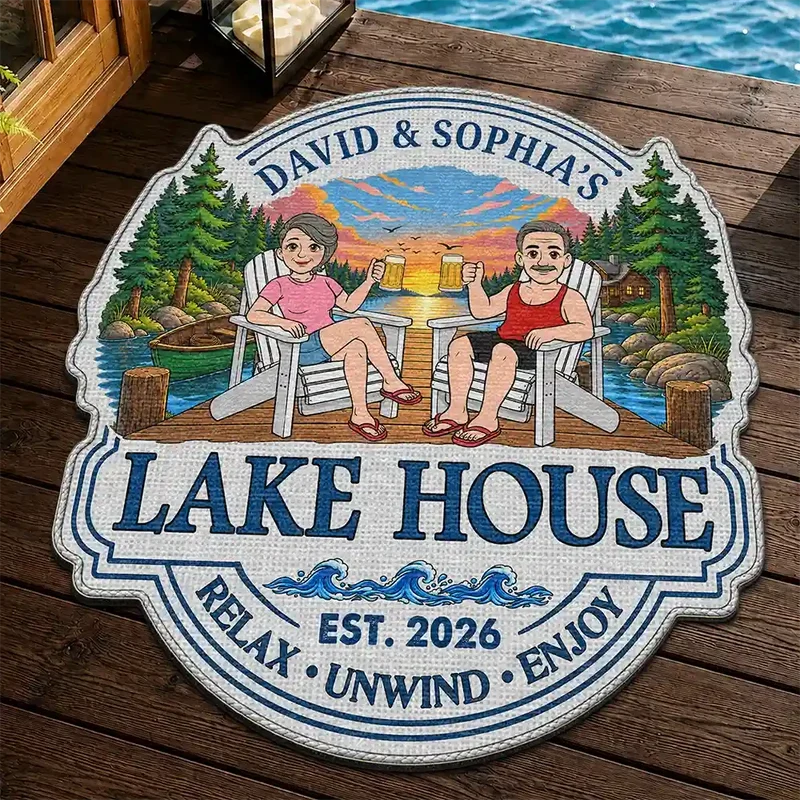 Personalized Shaped Doormat, Relax Unwind Enjoy Lakeside Couple Scene, Creative Gift for Lake House Owners