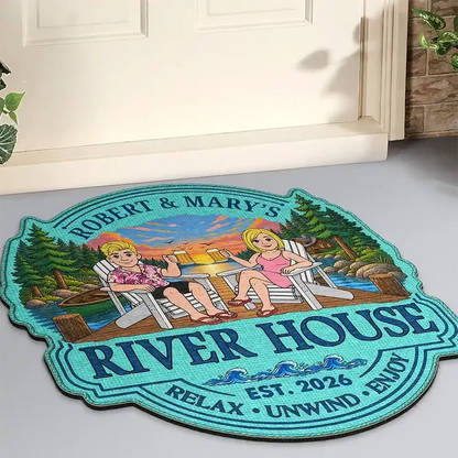 Personalized Shaped Doormat, Relax Unwind Enjoy Lakeside Couple Scene, Creative Gift for Lake House Owners