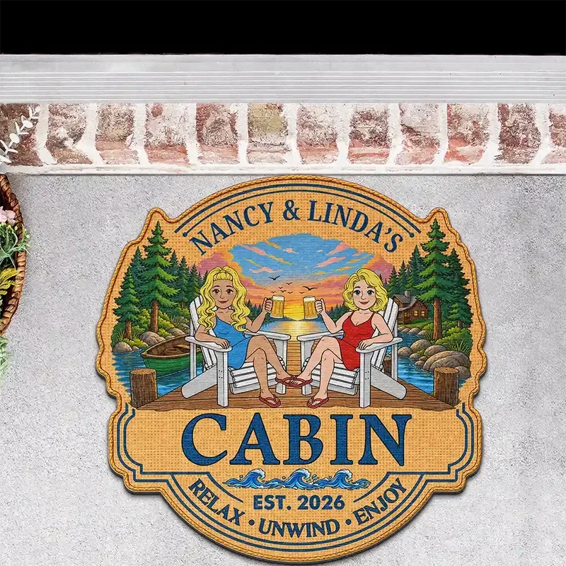 Personalized Shaped Doormat, Relax Unwind Enjoy Lakeside Couple Scene, Creative Gift for Lake House Owners