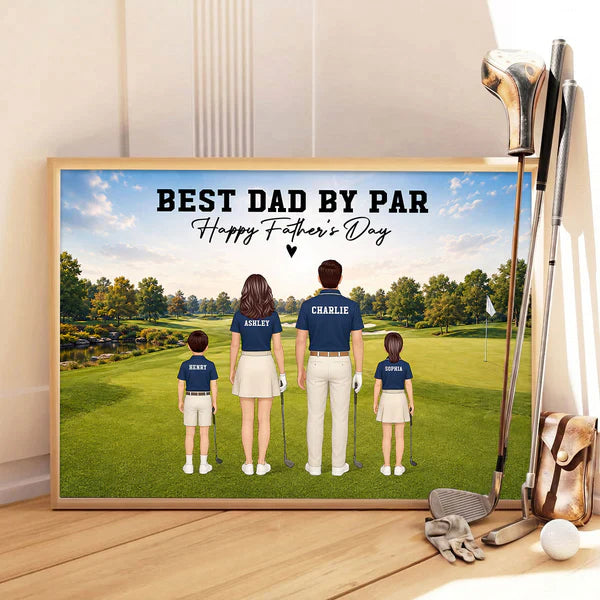 Personalized Golf Dad Poster, Standing Family on Golf Course, Unique Creative Gift for Father's Day