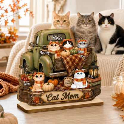 2-Layer Wooden Plaque, Personalized Cats by a Vintage Fall Truck, Heartfelt Creative Gift for Cat Lovers