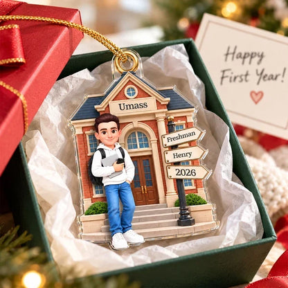 Personalized Acrylic Ornament, Colorful Freshman Holding Books on Campus, Unique Christmas Gift for Student
