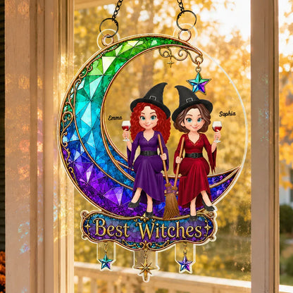 Personalized Acrylic Suncatcher Ornament, Witch Friends On Moon, Unique Halloween Gift For Friends