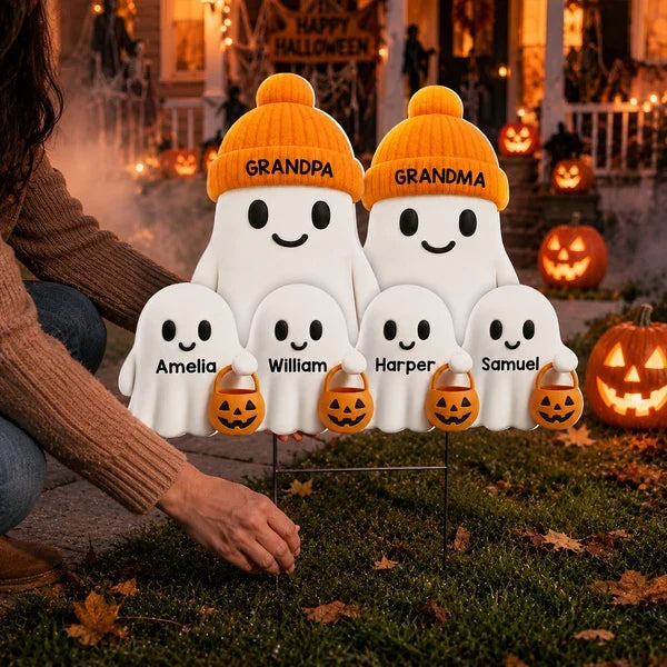 Personalized Shaped Yard Sign, Cute Ghost Family Trick-or-Treating Decor, Unique Halloween Gift for Grandparents
