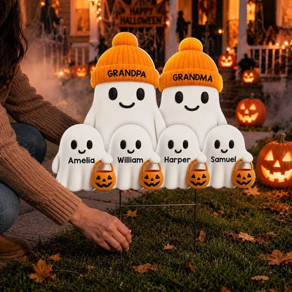 Personalized Shaped Yard Sign, Cute Ghost Family Trick-or-Treating Decor, Unique Halloween Gift for Grandparents