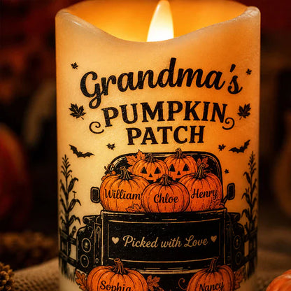 Personalized Flameless LED Candle, Grandma's Pumpkin Patch Pumpkins & Truck, Unique Gift for Grandma