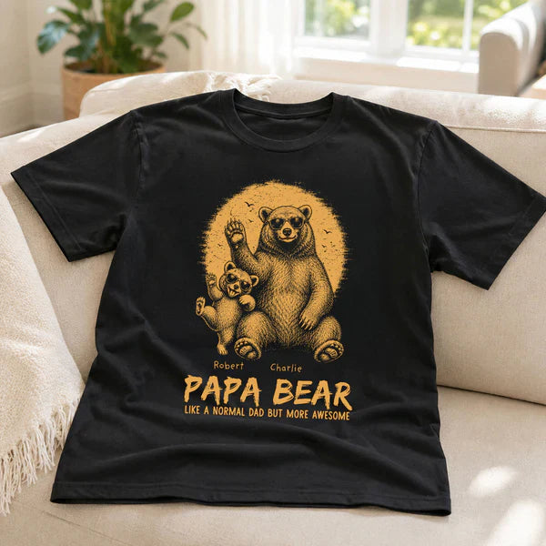 Personalized Classic Tee With Waving Papa Bear Art, Unique Father's Day Gift For Dad