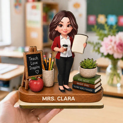 Personalized 2-Layer Wooden Plaque, Standing Teacher with Coffee & Book, Unique Creative Gift