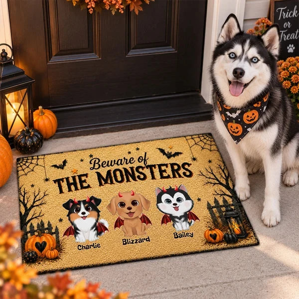 Personalized Standard Doormat, Playful Halloween Dogs and Pumpkins, Creative Gift for Pet Owners
