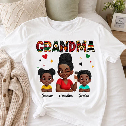 Personalized Classic Tee, Grandma Holding Coffee with Grandkids, Colorful Tribal Pattern, Unique Gift for Grandma