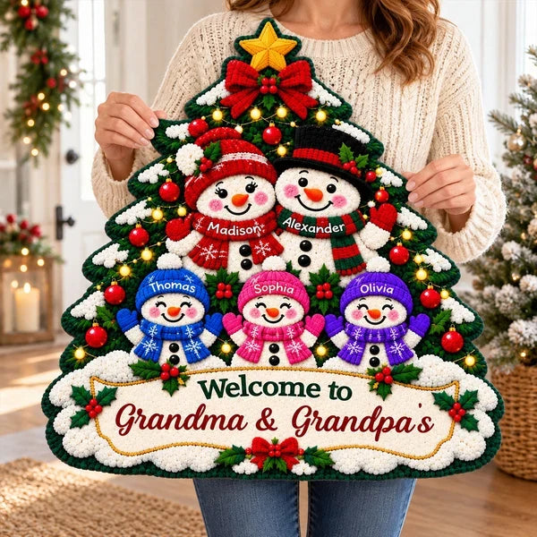 Personalized Shaped Doormat, Colorful Snowman Grandparents and Grandkids by a Christmas Tree, Unique Family Gift
