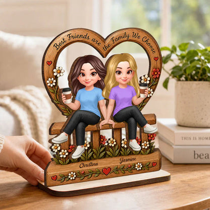 2-Layer Wooden Plaque, Family We Choose Quote with Friends on Floral Bench, Creative Gift for Close Friend