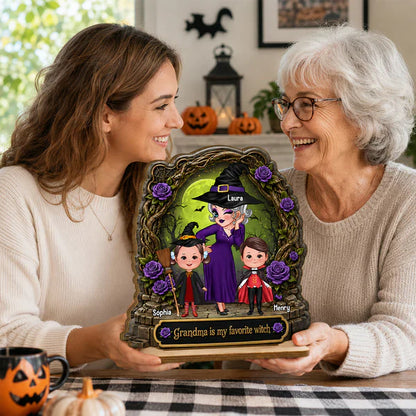 Personalized 2-Layer Wooden Plaque, Witch Grandma with Grandkids, Unique Halloween Gift