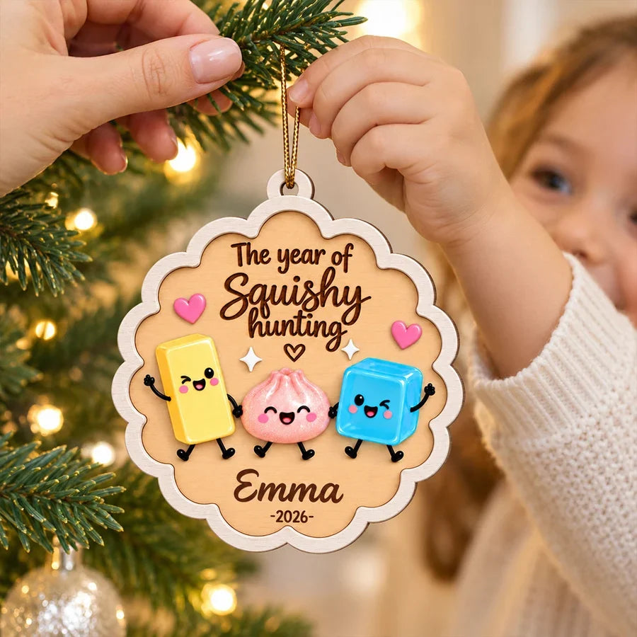 Personalized Wooden Ornament with Colorful Squishy Friends, Unique Gift for Collectors and Christmas Tree Decor