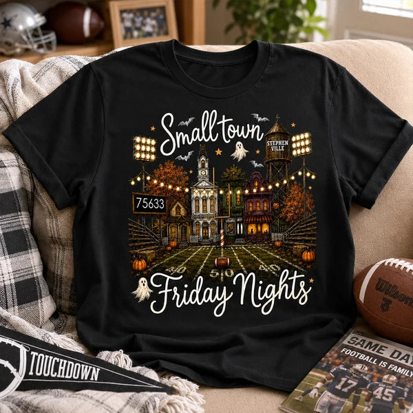 Personalized Classic Tee, Spooky Friday Night Hometown Artwork, Creative Gift for Local Sports Fans