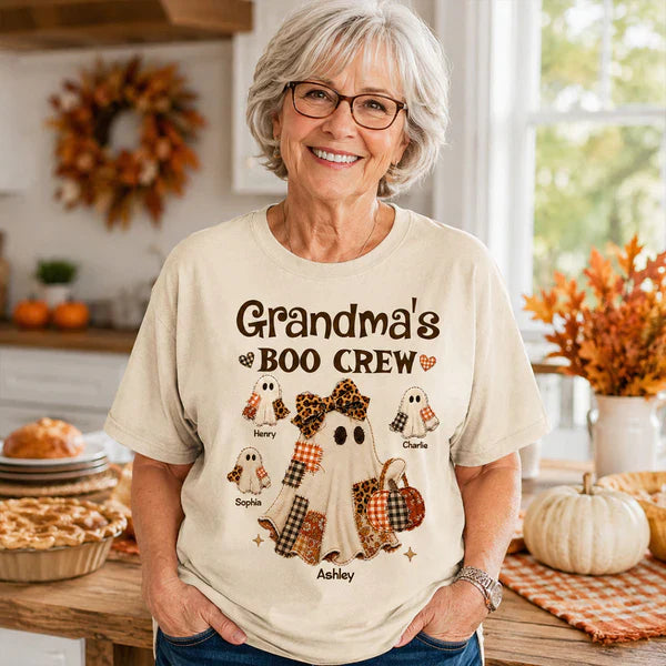 Personalized Classic Tee for Grandma, Boo Crew Ghost Design, Unique Halloween Gift