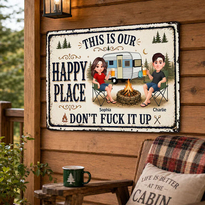 Personalized Rectangular Iron Sign, Sitting Camping Couple By Campfire, Creative Gift For Campers