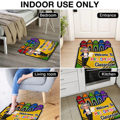 Personalized Shaped Doormat With Crayon Box Art, Cartoon Teacher Holding Notebook, Unique Teacher Gift