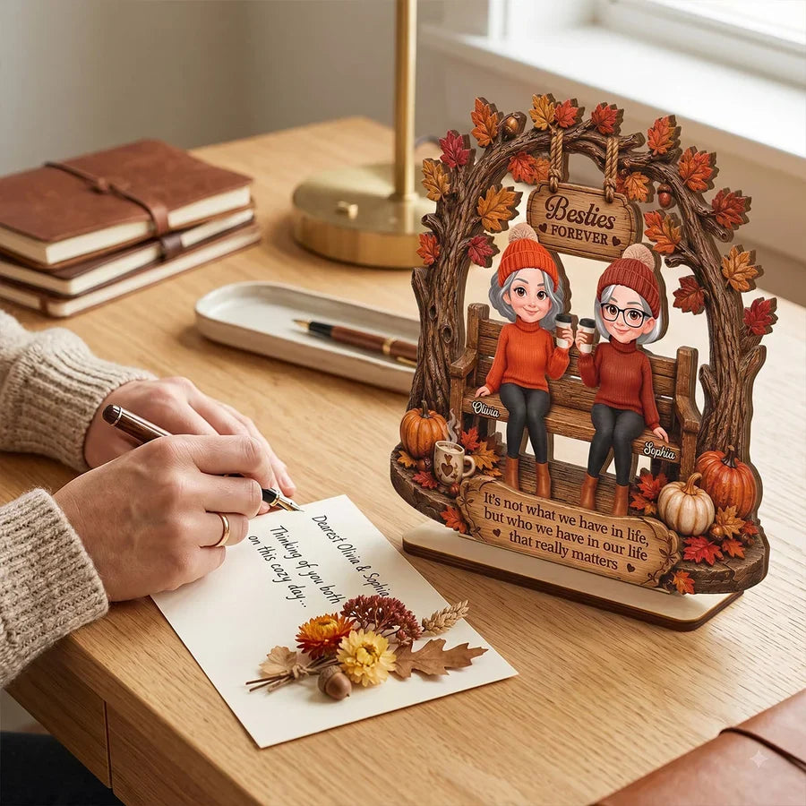 Personalized Layered Wooden Plaque, Rustic Autumn Friends Sharing Coffee, Unique Gift for a Best Friend