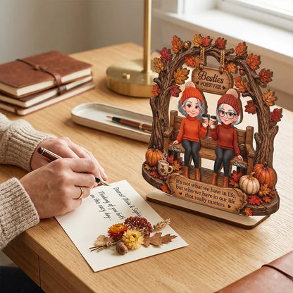 Personalized Layered Wooden Plaque, Rustic Autumn Friends Sharing Coffee, Unique Gift for a Best Friend