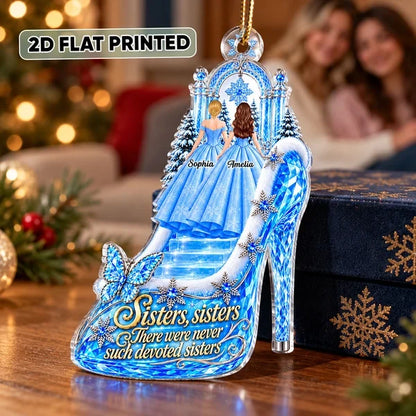 Personalized Acrylic Ornament, Sisters Standing by a Snowy Palace in a Princess Heel, Unique Christmas Gift for Sister
