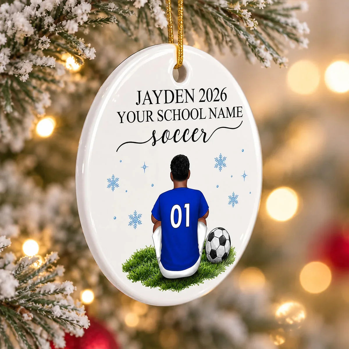 Personalized Ceramic Ornament, Seated Soccer Player in Red Jersey, Unique Christmas Gift for Athletes
