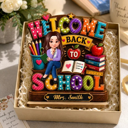 Personalized 2-Layer Wooden Plaque, Colorful Welcome Back to School Teacher Desk Decor, Unique Gift
