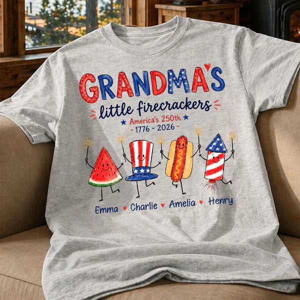 Personalized Classic Tee for Grandma, Little Firecrackers Holding Sparklers, Unique Patriotic Gift