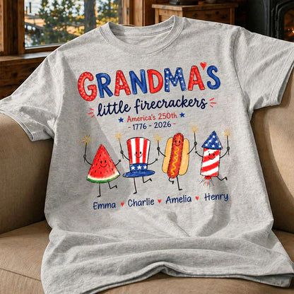 Personalized Classic Tee for Grandma, Little Firecrackers Holding Sparklers, Unique Patriotic Gift