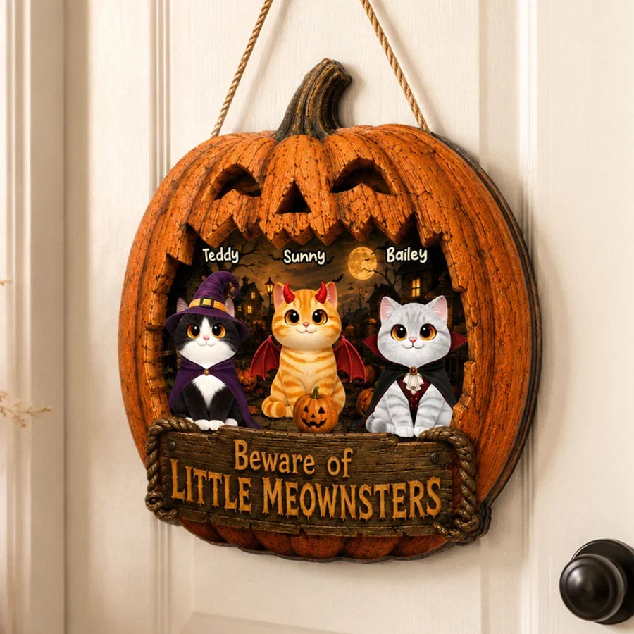 Personalized Halloween Wooden Sign with Costumed Cats, Moonlit Pumpkin Decor, Unique Gift for Cat Lovers