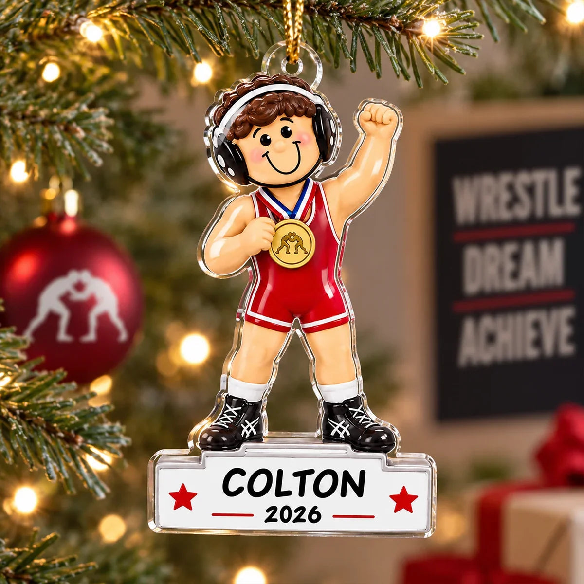Personalized Acrylic Ornament, Cartoon Wrestling Champion on Christmas Tree, Unique Gift for Son
