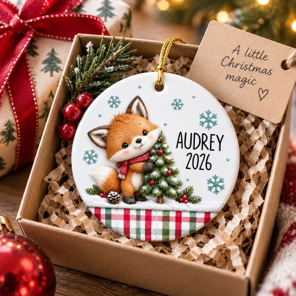 Personalized Ceramic Ornament, Cute Woodland Animals with Cookies and Stocking, Unique Gift for Kids