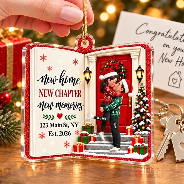 Personalized Acrylic Ornament, New Home Christmas Keepsake with Kissing Couple, Unique Housewarming Gift