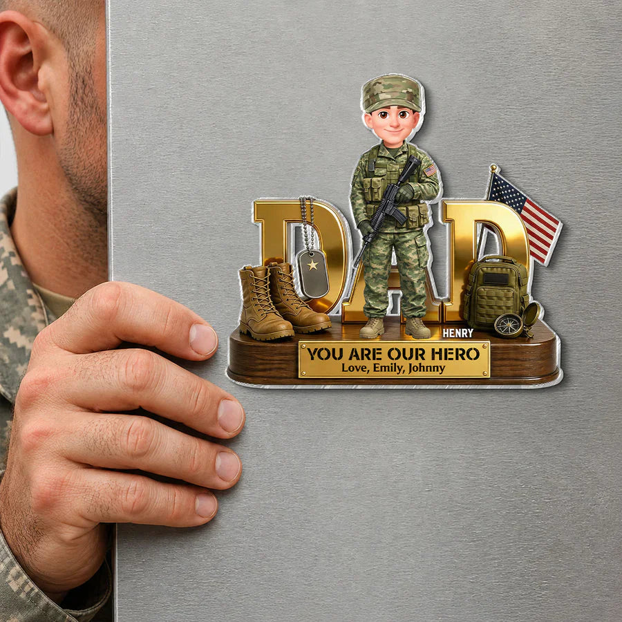 Proud Military Dad Acrylic Fridge Magnet, Personalized Creative Father's Day Gift With Standing Soldier & Flag