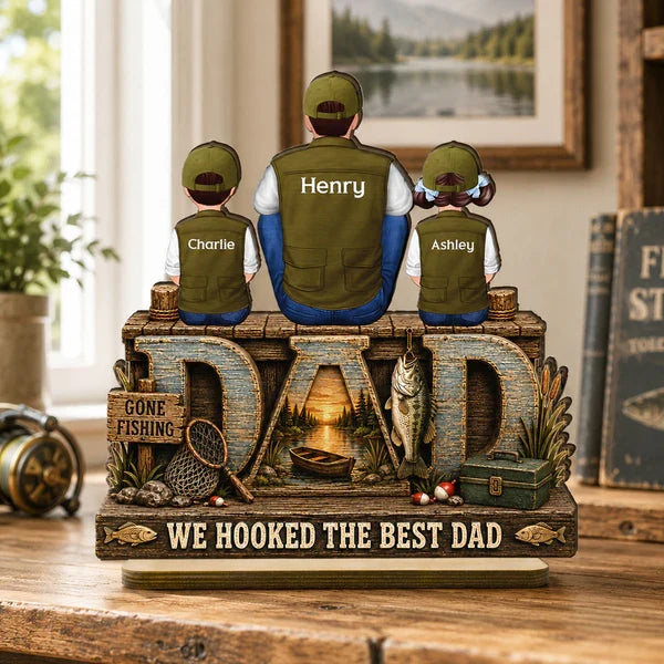 Personalized Layered Wooden Plaque For Fishing Dad, Family Sitting By The Lake, Unique Gift
