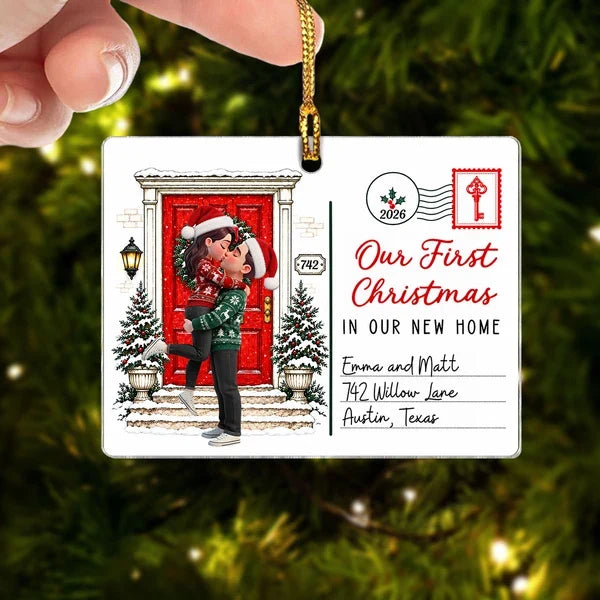 Personalized Acrylic Ornament, Kissing Couple by a Snowy Red Door, Unique Christmas Gift for New Homeowners