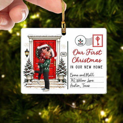 Personalized Acrylic Ornament, Kissing Couple by a Snowy Red Door, Unique Christmas Gift for New Homeowners