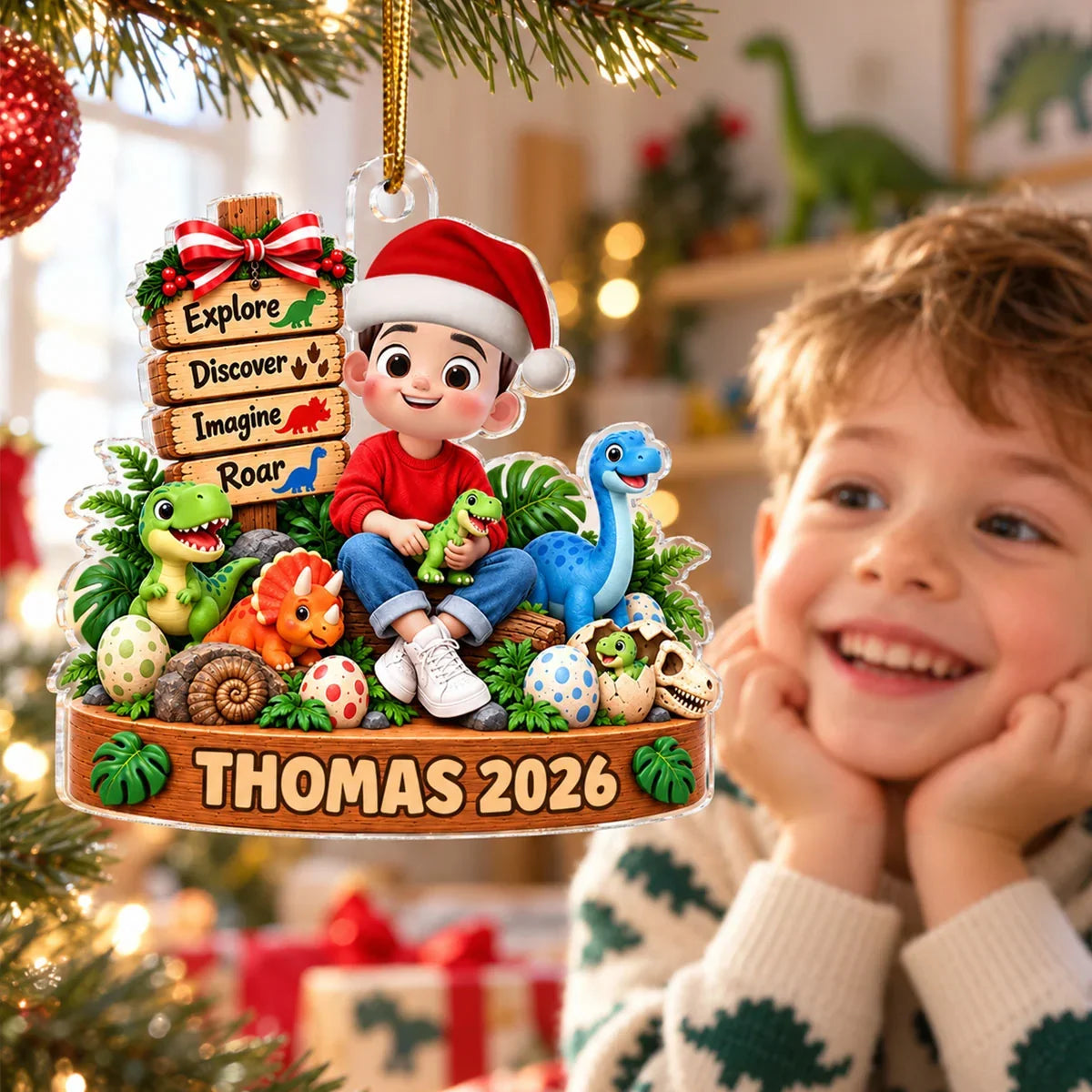 Personalized Acrylic Ornament, Sitting Child With Colorful Dinosaurs, Unique Christmas Gift for Young Fans