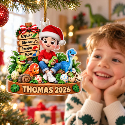 Personalized Acrylic Ornament, Sitting Child With Colorful Dinosaurs, Unique Christmas Gift for Young Fans
