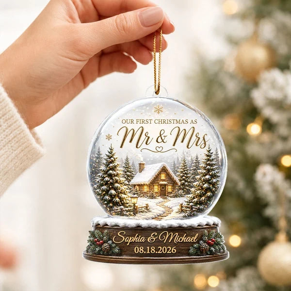 Our First Christmas as Mr & Mrs Personalized Acrylic Ornament, Creative Gift for Newlyweds with Snowy Cabin