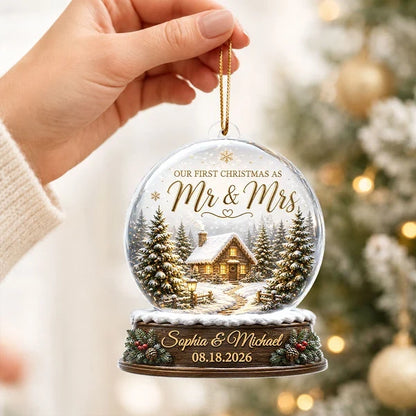 Our First Christmas as Mr & Mrs Personalized Acrylic Ornament, Creative Gift for Newlyweds with Snowy Cabin