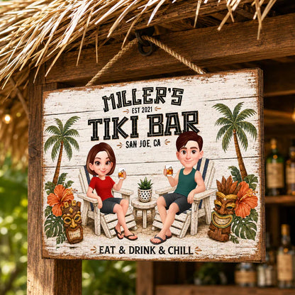 Personalized Tiki Bar Wooden Sign, Cartoon Couple Holding Drinks, Unique Gift For Couples