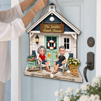 Personalized Wooden Sign with Sitting Beach House Couple, Coastal Decor, Unique Gift for Couples