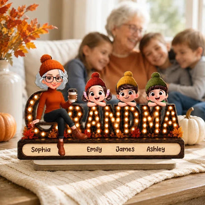 Personalized Wooden Plaque, Grandma with Grandkids Leaning on Marquee Letters, Creative Heartfelt Gift for Grandma