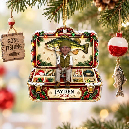 Personalized Acrylic Ornament, Green and Gold Cartoon Angler Holding a Fishing Rod, Unique Christmas Gift for Dad or Grandpa